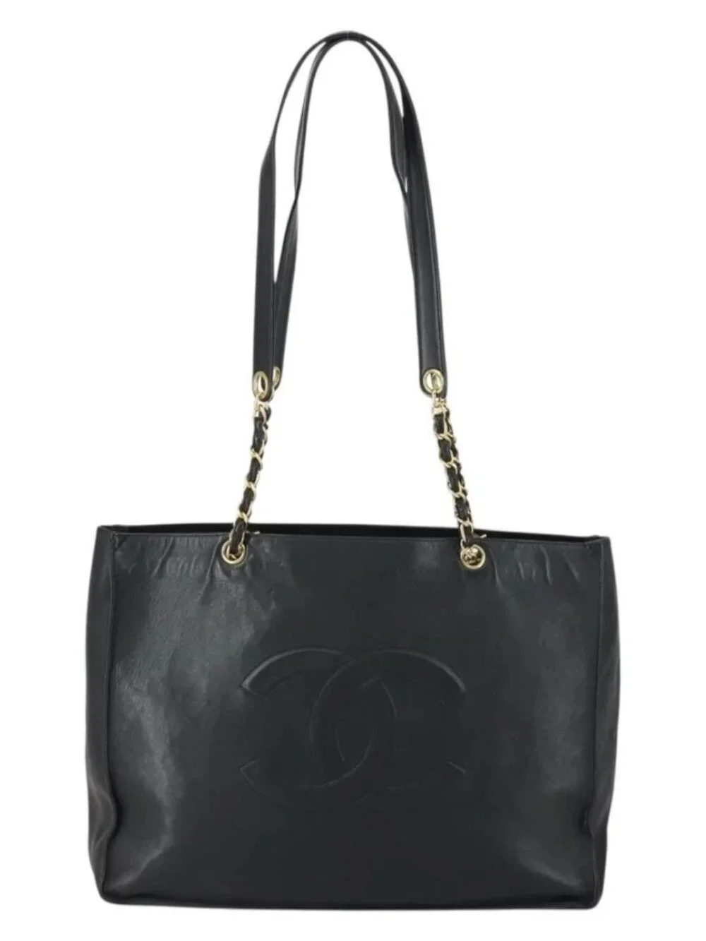 CHANEL COCO Mark Chain Shoulder Bag Lamb Skin Black Gold CC Auth 153038